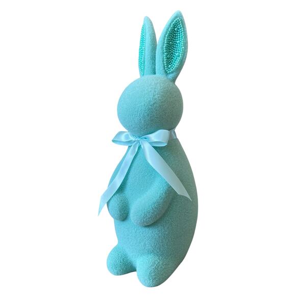 SPRING GATHERINGS 15in Aqua Flocked Bunny With Faux Pearl Ears & Ribbon New - Picture 4 of 15